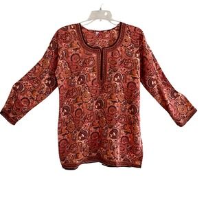 Women XL Paisley Floral Tunic Top Red & Maroon Tones Boho Split Neck Long Slveso